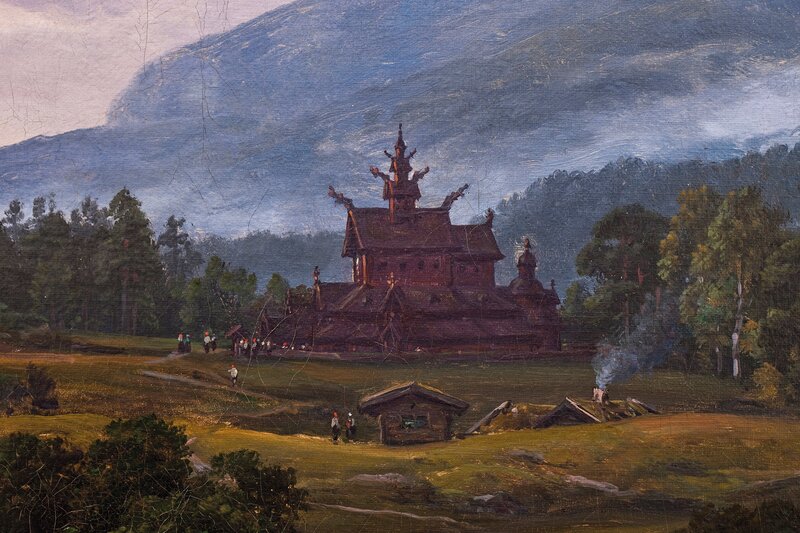 Landskap i Kaupanger med en stavkirke 1847