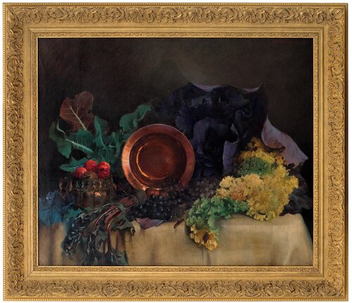 Arrangement with copper plate, vegetables and fruit