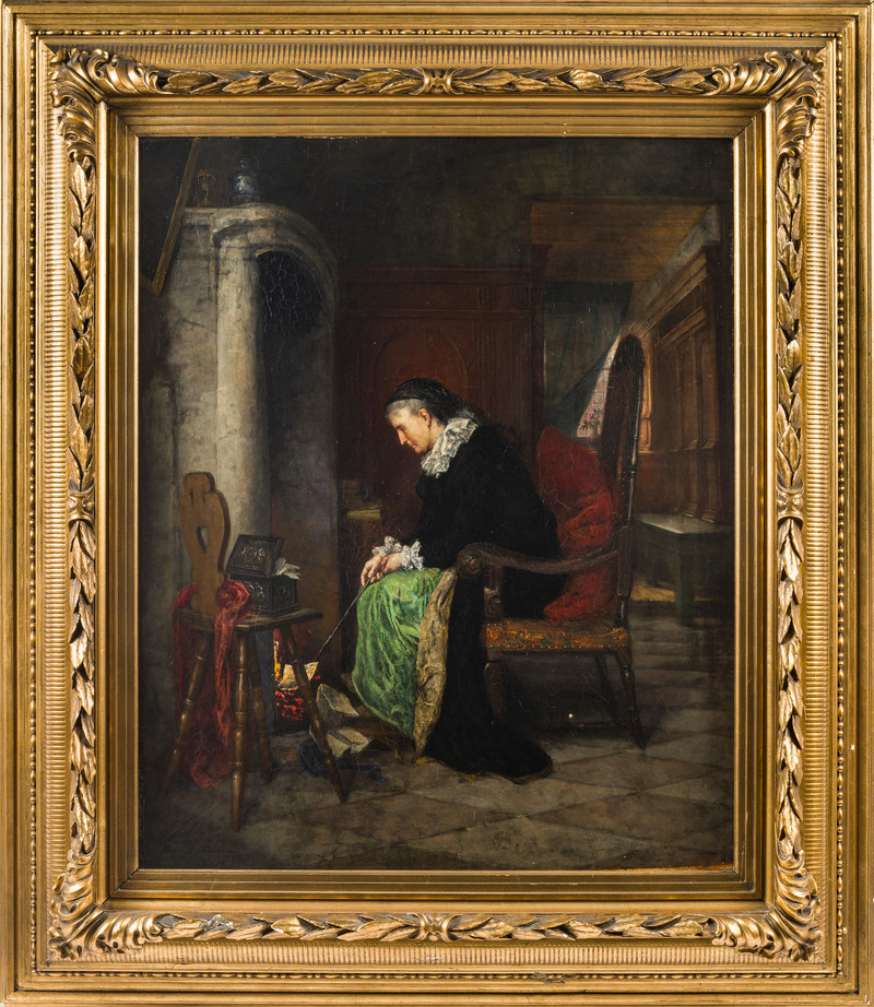 Dietrichson, Mathilde (1837-1921), Historisk interiør med kvinne