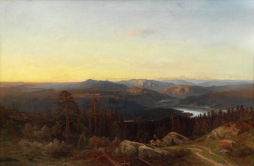 Norsk landskap med mann og kvinne til hest 1868