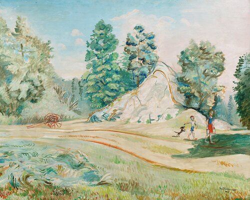 Landskap med jente, gutt og dachs 1945