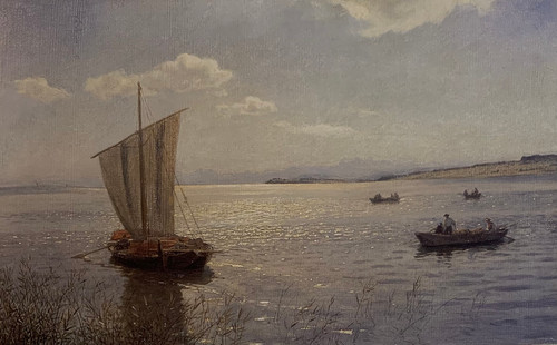 Fjordlandskap med båter og folkeliv 1877