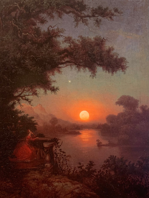 Kvinne på terrasse betrakter månen 1849