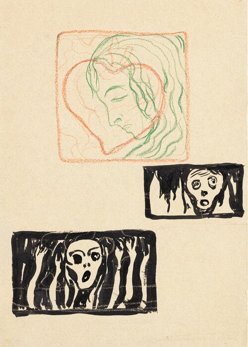 Munch, Edvard, a) Kvinnehode og hjerte b) Ansikt i flammer c) Ansikt og flammelignede hender, 1898-1900