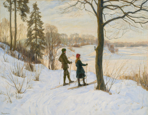 Holmboe, Thorolf (1866-1935), Vinterlandskap med skiløpere
