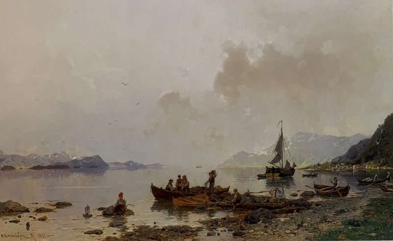 Fjordlandskap med folkeliv 1877