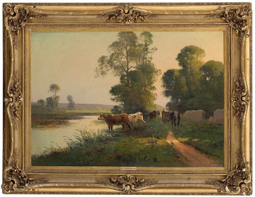 Milkmaid with cows by drinking water