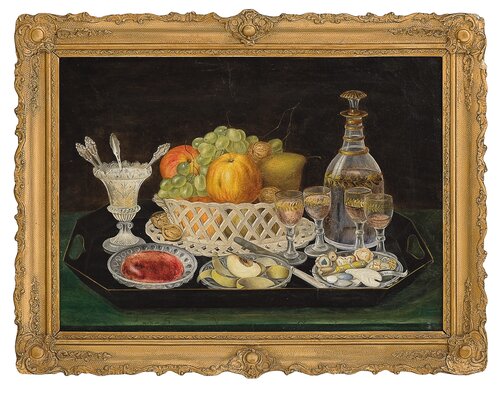 Still life with fruitbasket and dessertwine