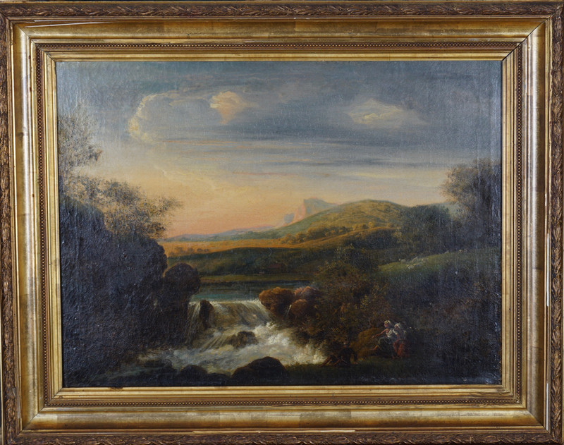 Landskap med figurer ved fossefall 1834