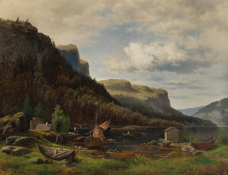 Fjordlandskap med folkeliv 1860
