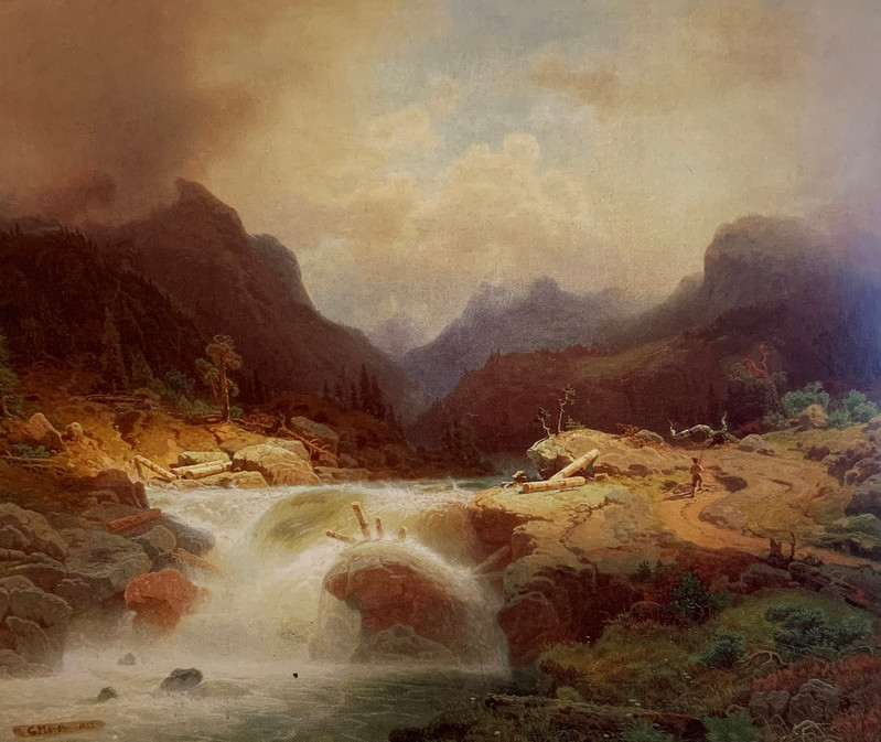 Gutt ved fossefall i fjellandskap 1853