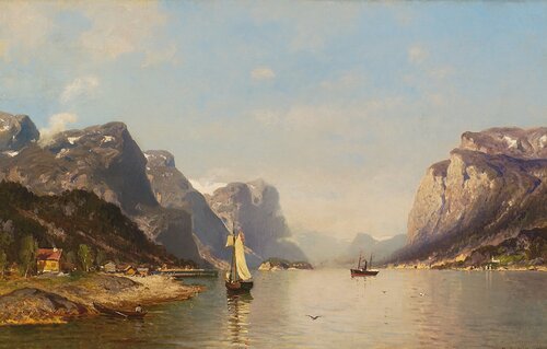 Dampskip og seilbåt i fjordlandskap 1878