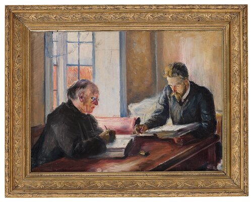 Interior with two men writing