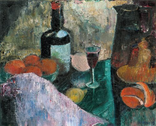 Oppstilling med flaske, glass, mugge og frukt 1919