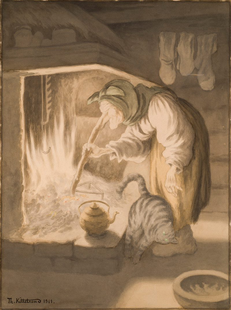 Kittelsen, Theodor (1857-1914), Kjerringa som karet varmen med nesa 1911