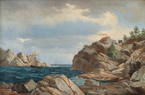 Kystlandskap med seilbåter 1869