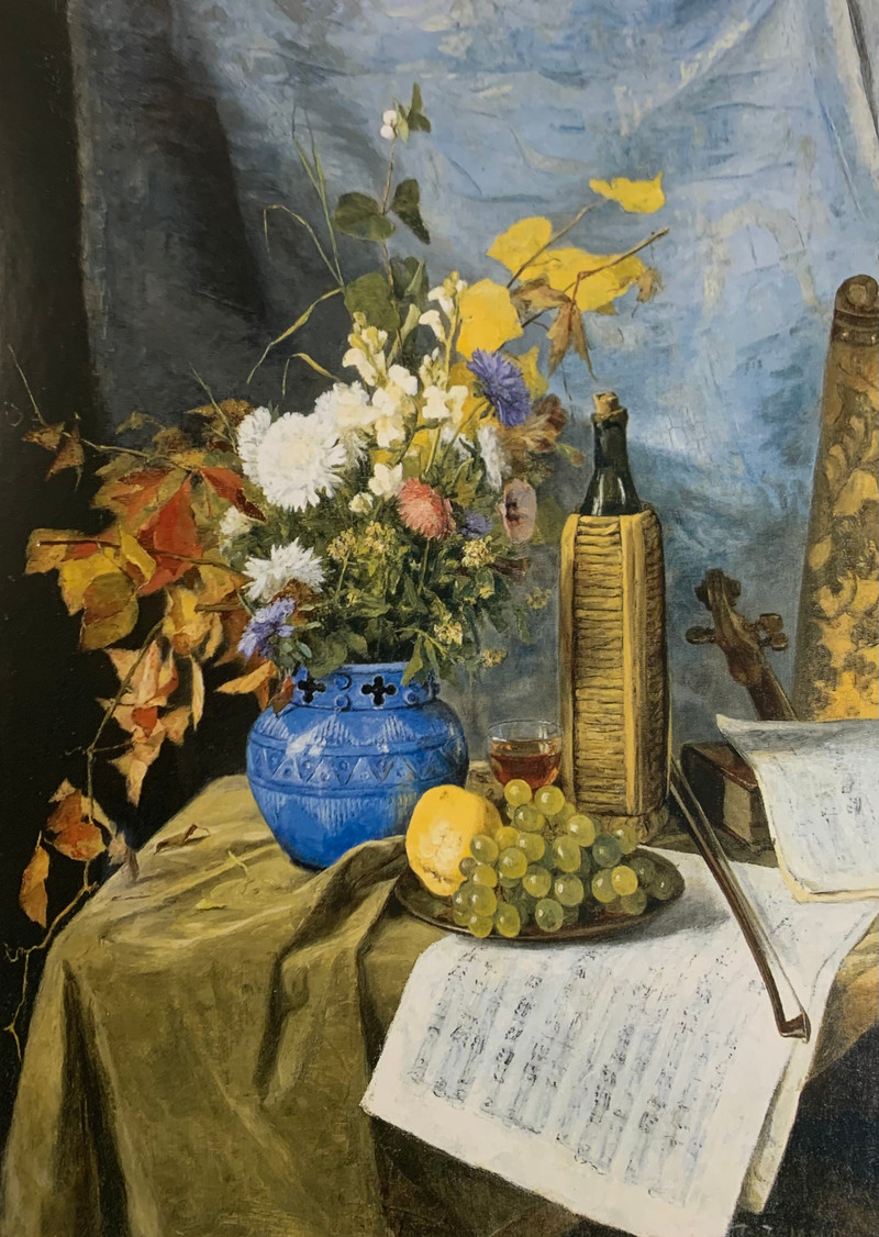 Oppstilling med vinflaske, blomster og frukt 1890