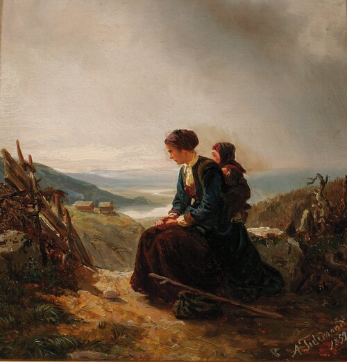 Hvilende kvinne og barn på fjellsti 1852