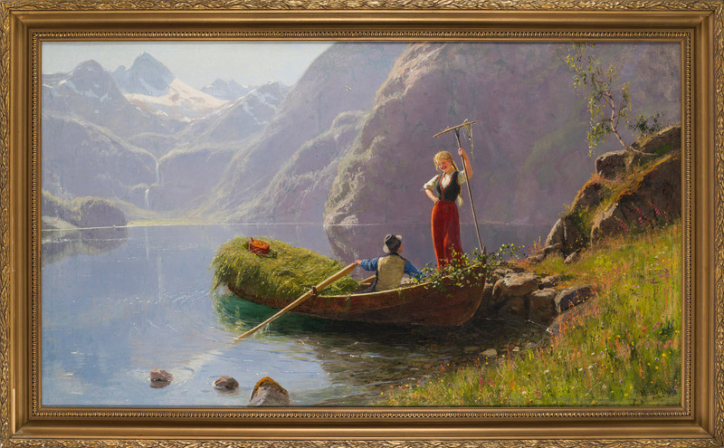 Dahl, Hans (1849-1937), Fjordlandskap med folkeliv, innhøsting