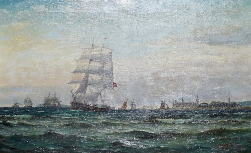 Skari, Edvard (1839-1903), Fartøyer utenfor Kronborg Slott, Helsingør 1902