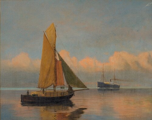 Steamer and Sailing Boat in calm Seas