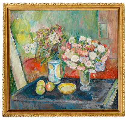 Wold-Torne, Oluf (1867-1919), Oppstilling med asters og levkøyer*, 1915