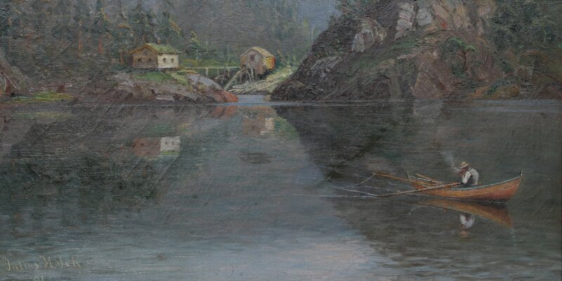 Fjordlandskap med mann i robåt 1891