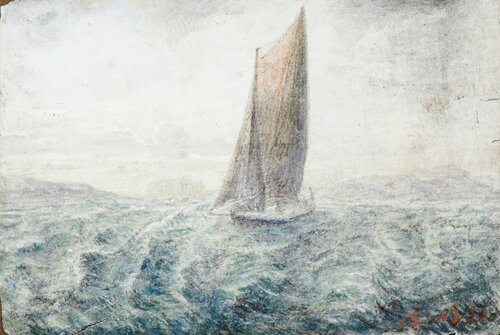 Seilbåt på opprørt sjø 1873