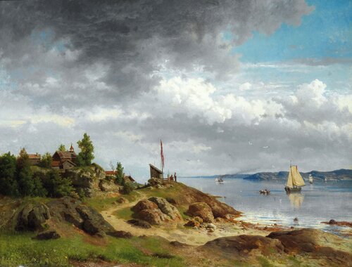 Norsk kystlandskap med folkeliv 1857