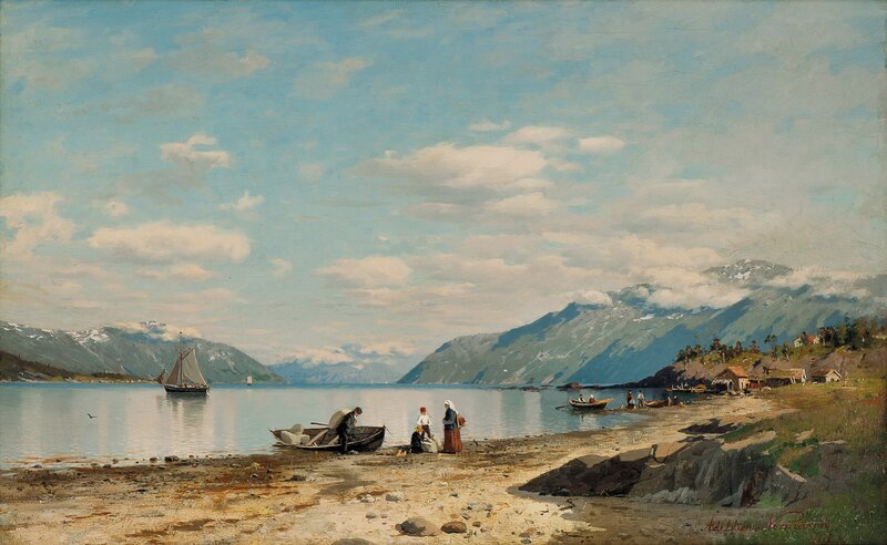 Fjordlandskap med folkeliv 1876
