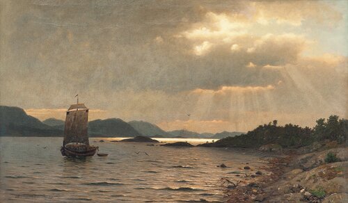 Fjordlandskap med folkeliv 1874