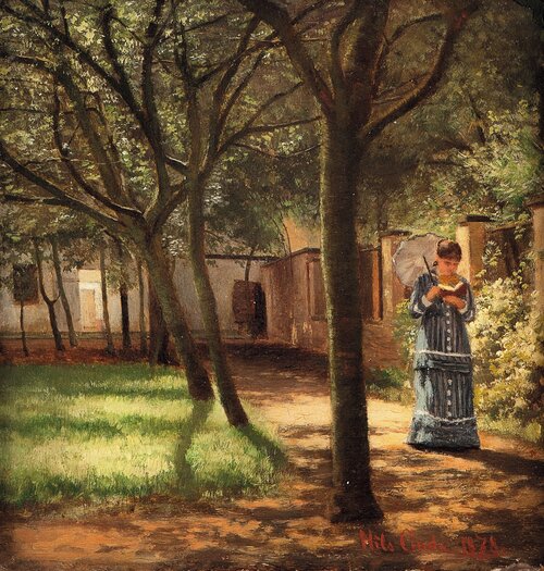Haveinteriør med spaserende, lesende kvinne 1878