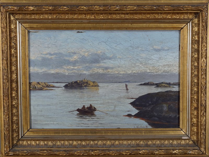 Kystlandskap med seilbåt og robåt 1889