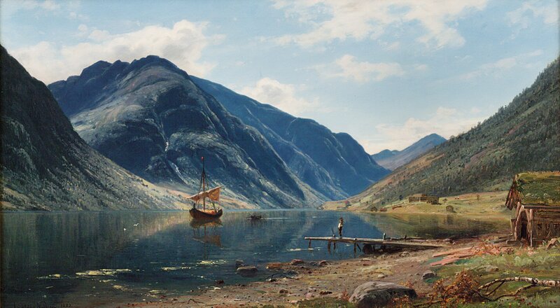 Fjordlandskap med folkeliv 1883