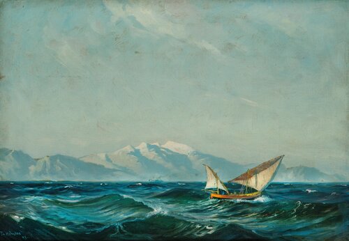 Sailboat and steam Boat by the Coast, Northern Norway 1893