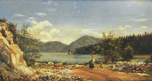Kvinne med rive og sittende mann ved innsjø 1830