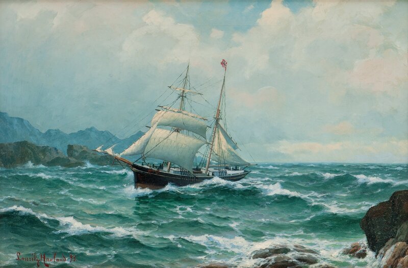 Seilskute i opprørt sjø mellom klipper 1893
