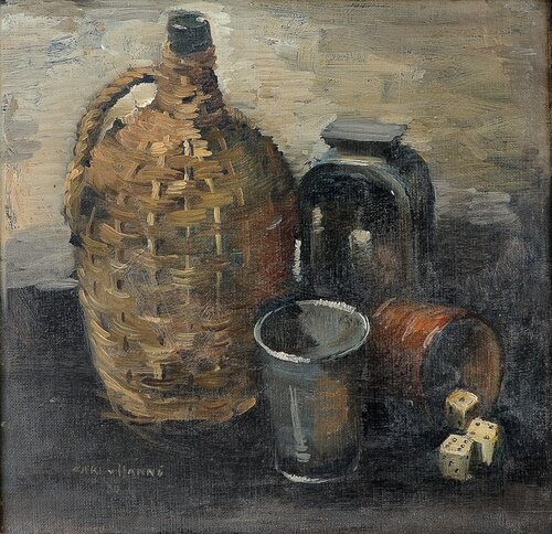 Oppstilling med terninger, flasker og glass 1930