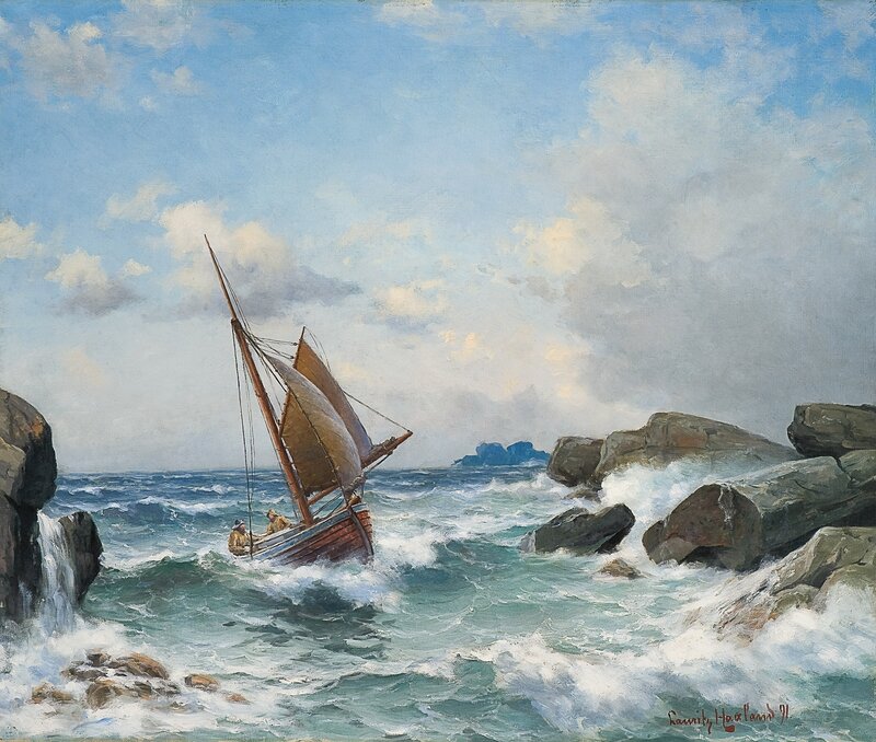 Sailing boat in a narrow strait