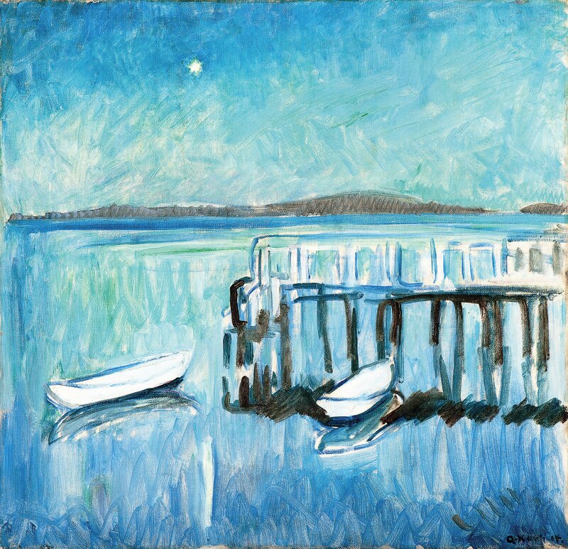 Rowboats by a Pier, moonlight
