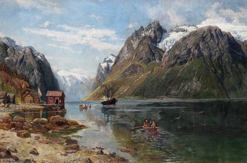 Dampbåt og robåter i fjordlandskap 1898