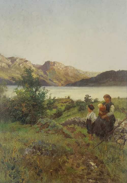 Kvinne med to barn i landskap
