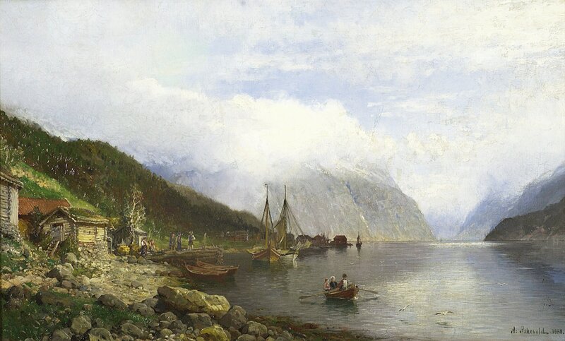 Fjordlandskap med brygge og båter 1888