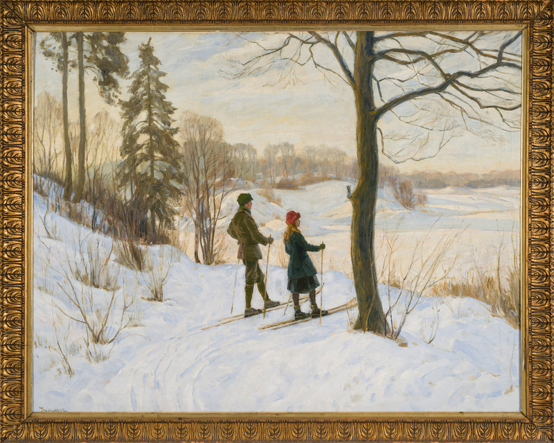 Holmboe, Thorolf (1866-1935), Vinterlandskap med skiløpere