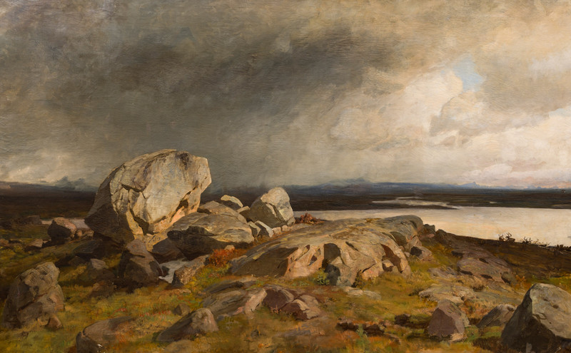 Gude, Hans Fredrik (1825-1903), Norsk høyfjell med opptrekkende uvær 1856