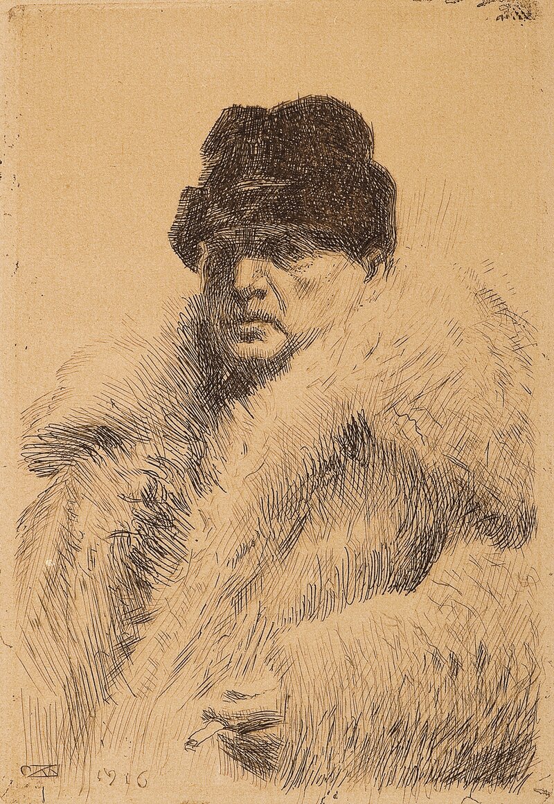 Selvportrett i ulveskinnspels 1916