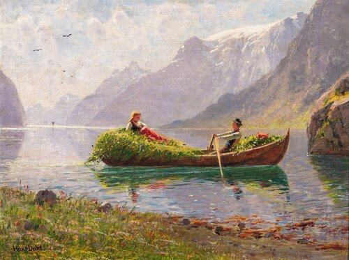 Dahl, Hans, Fjordlandskap med robåt, innhøsting