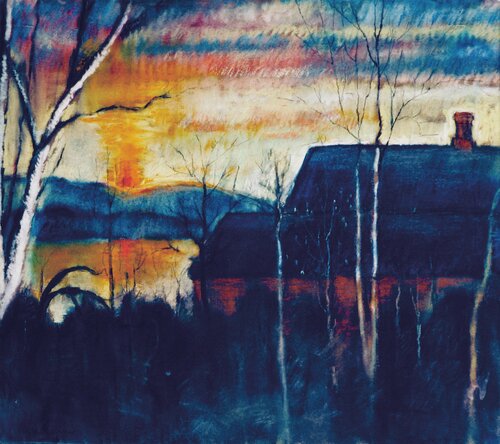 Hus i kystlandskap, solnedgang 1916