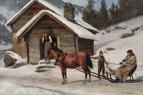 Veiviser: Small Boy on Skis Gives Directions to a Sleigh Driver