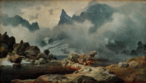 Mann med kløvhest i fjellandskap 1847